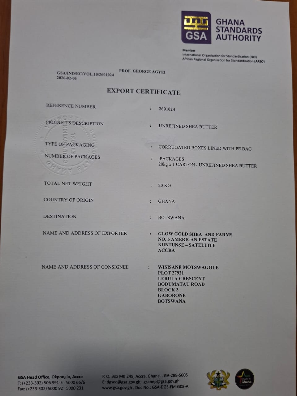 Ghana Standards Authority Certificate